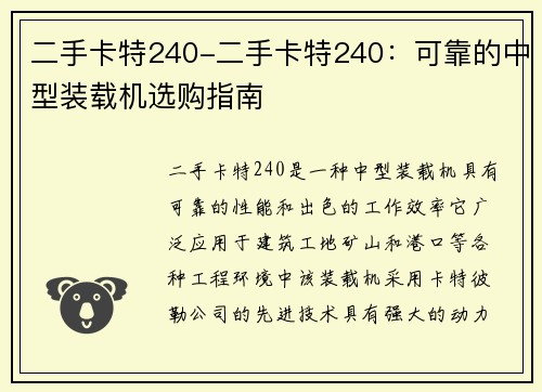 二手卡特240-二手卡特240：可靠的中型装载机选购指南